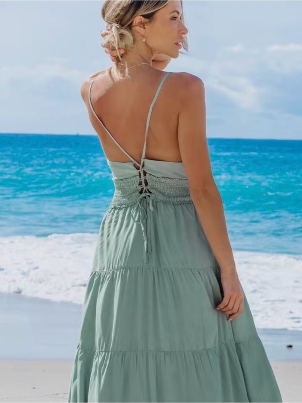 Sage Green Maxi Dress with Smocked Waist - Picture 3 of 6